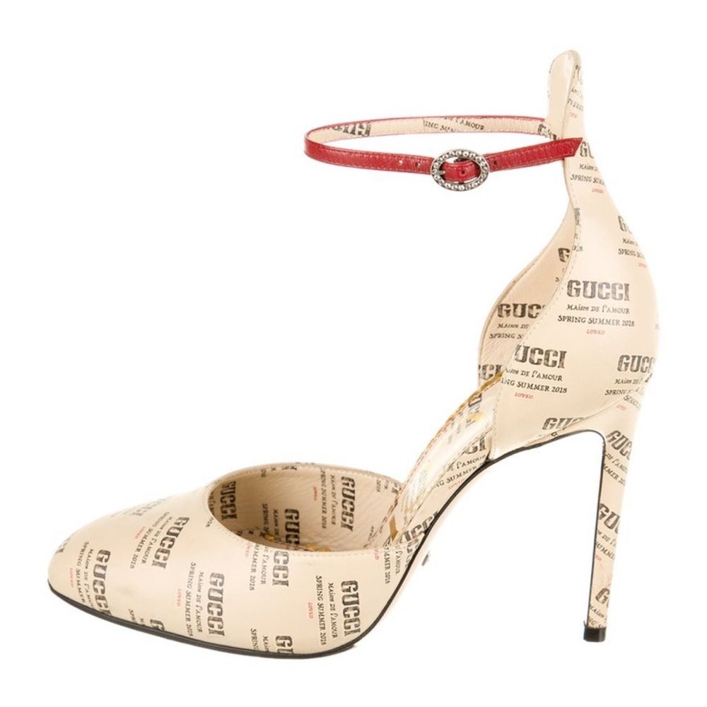 Gucci Apollo Gucci Stamp Print Beige Leather Logo Ankle Strap Pumps EU37.5 US7.5